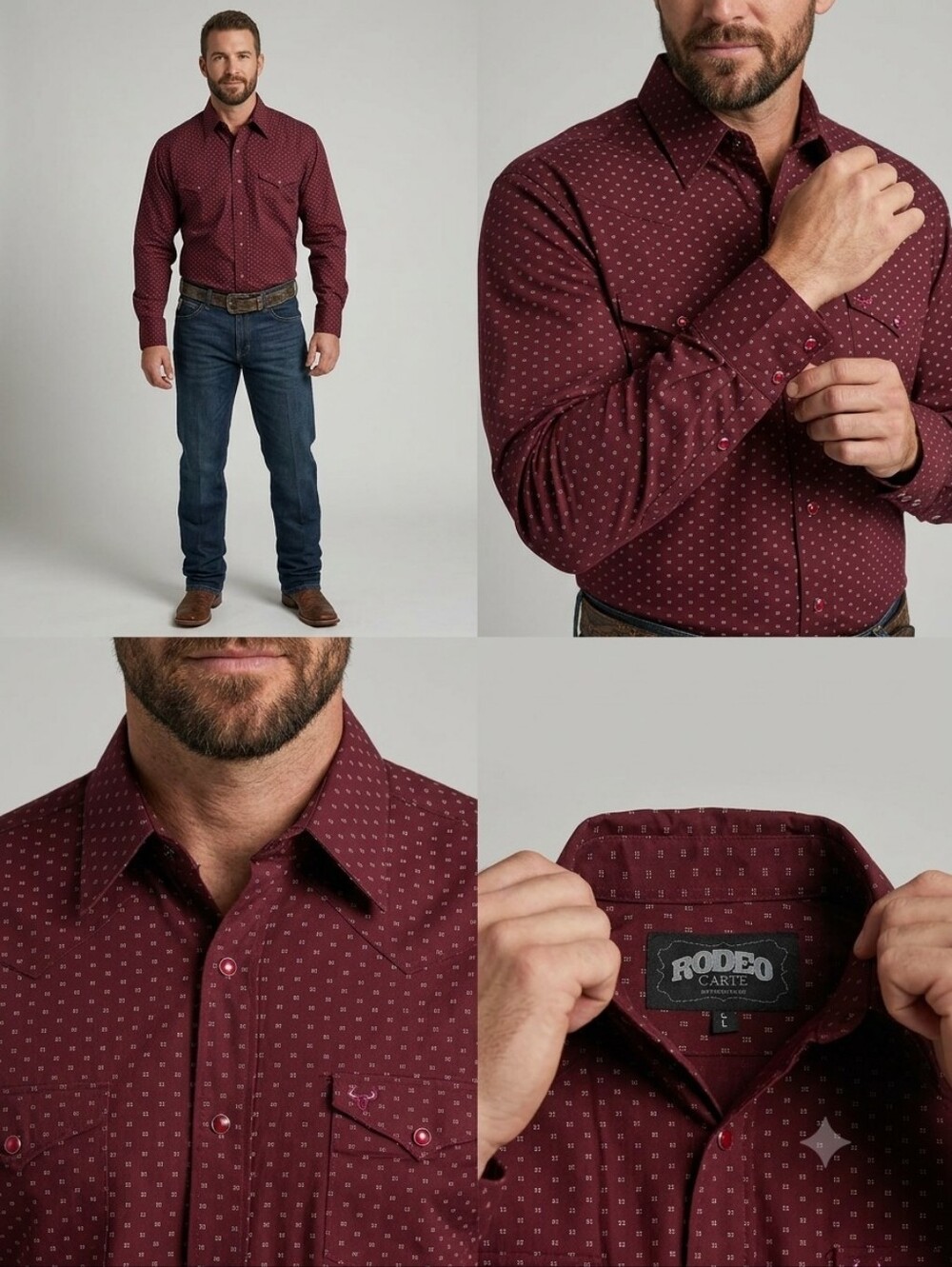 Men's Burgundy Printed Western Shirt - Picture 1 of 9